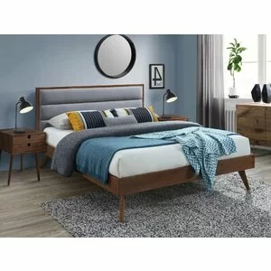 Pat Orlando, cu tăblie tapițată, stofă premium și lemn masiv, 160x200 cm, gri/nuc