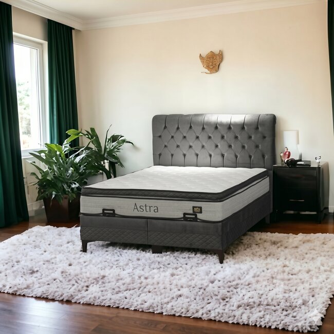 Pat Astra, gri- 140x200 cm, capitonare elegantă, ladă mare de depozitare, structură robustă, stofă tip catifea