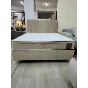 Pat Bella bej 140x200 cm, spațiu depozitare, somieră inclusă, tapițerie premium tip catifea, cadru metalic