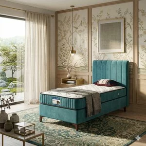Pat tapițat Carla, albastru - 100x200 cm, design modern, capitonare elegantă, structură solidă, țesătură respirabilă