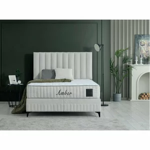 Pat cu saltea Gratis Amber, ladă depozitare, design elegant, topper confort, structură metal + lemn + PAL, tapițerie stofă premium, 140x200 cm, Crem