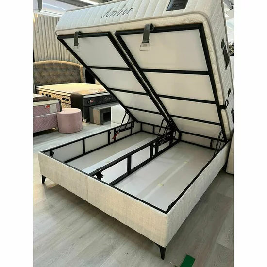Pat cu saltea Gratis Amber, ladă depozitare, design elegant, topper confort, structură metal + lemn + PAL, tapițerie stofă premium, 140x200 cm, Crem picture - 4