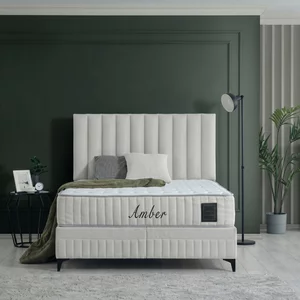 Pat + Saltea gratis Amber, crem - 140x200 cm, ladă depozitare, design elegant, topper confort, structură metal + lemn + PAL, tapițerie stofă premium