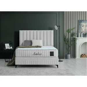 Pat cu saltea Gratis Amber,  ladă depozitare, design elegant, topper confort, structură metal + lemn + PAL, tapițerie stofă premium, 160x200 cm, Crem