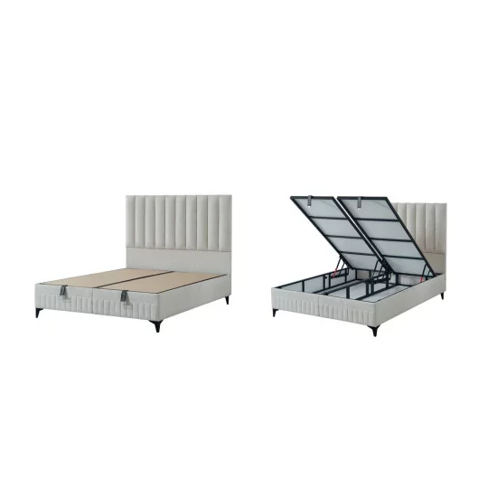 Pat cu saltea Gratis Amber,  ladă depozitare, design elegant, topper confort, structură metal + lemn + PAL, tapițerie stofă premium, 160x200 cm, Crem picture - 2