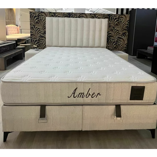 Pat cu saltea Gratis Amber,  ladă depozitare, design elegant, topper confort, structură metal + lemn + PAL, tapițerie stofă premium, 160x200 cm, Crem picture - 6