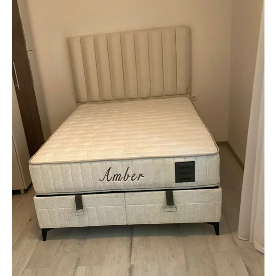 Pat cu saltea Gratis Amber,  ladă depozitare, design elegant, topper confort, structură metal + lemn + PAL, tapițerie stofă premium, 160x200 cm, Crem picture - 10