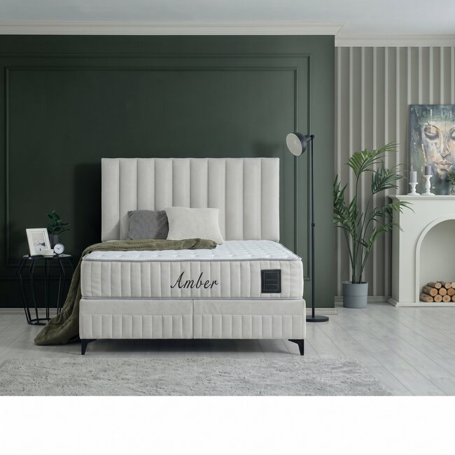Pat cu saltea Gratis Amber, crem - 160x200 cm, ladă depozitare, design elegant, topper confort, structură metal + lemn + PAL, tapițerie stofă premium