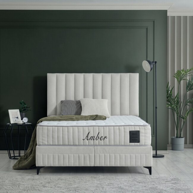 Pat cu saltea Gratis Amber, crem - 160x200 cm, ladă depozitare, design elegant, topper confort, structură metal + lemn + PAL, tapițerie stofă premium