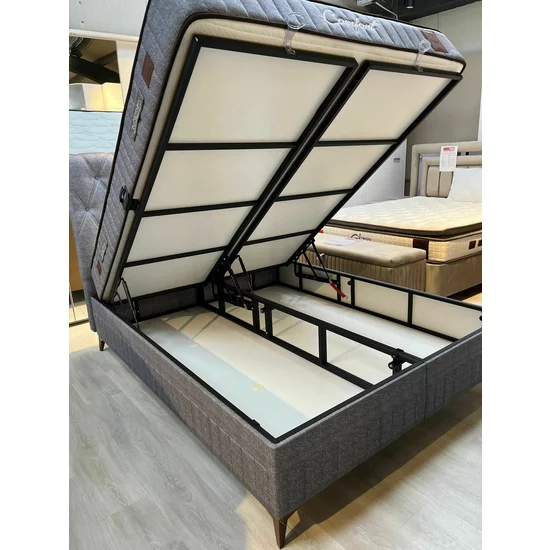 Pat cu saltea Gratis Comfort, ladă depozitare, somieră rabatabilă, topper confort, structură metal + lemn + PAL, tapițerie stofă premium, 160x200 cm, Gri picture - 14