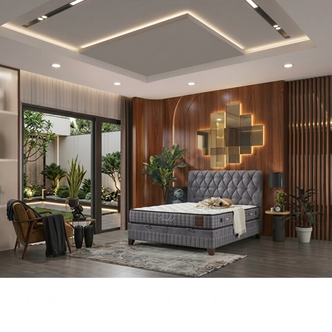 Pat cu saltea Gratis Comfort, gri - 160x200 cm, ladă depozitare, somieră rabatabilă, topper confort, structură metal + lemn + PAL, tapițerie stofă premium