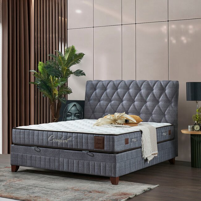 Pat cu saltea Gratis Comfort, gri - 160x200 cm, ladă depozitare, somieră rabatabilă, topper confort, structură metal + lemn + PAL, tapițerie stofă premium