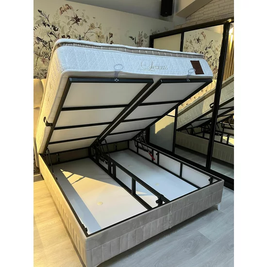 Pat cu saltea Gratis Lexus, ladă depozitare, topper integrat, structură metal + lemn + PAL, tapițerie stofă premium, 160x200 cm, Bej picture - 8