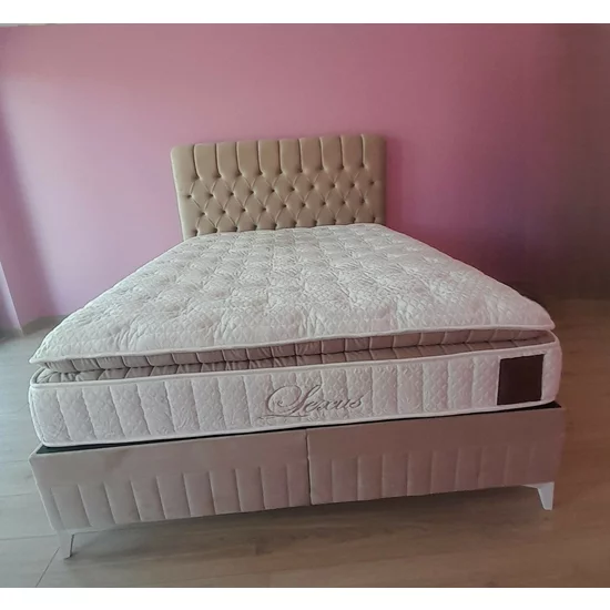 Pat cu saltea Gratis Lexus, ladă depozitare, topper integrat, structură metal + lemn + PAL, tapițerie stofă premium, 160x200 cm, Bej picture - 15