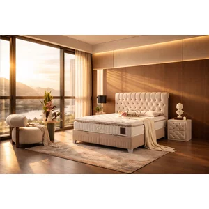 Pat cu saltea Gratis Lexus, bej - 160x200 cm, ladă depozitare, topper integrat, structură metal + lemn + PAL, tapițerie stofă premium