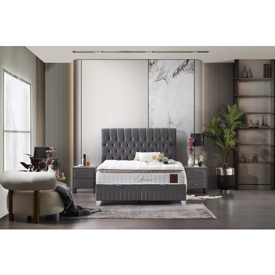 Pat cu saltea Gratis Lexus, ladă depozitare, topper integrat, structură metal + lemn + PAL, tapițerie stofă premium, 160x200 cm, Gri picture - 2