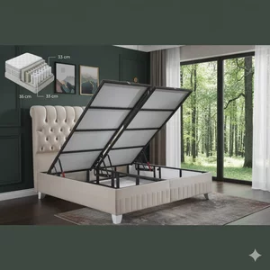 Pat cu saltea Gratis  Lexus, ladă depozitare, topper integrat, structură metal + lemn + PAL, tapițerie stofă premium, 140x200 cm, Bej