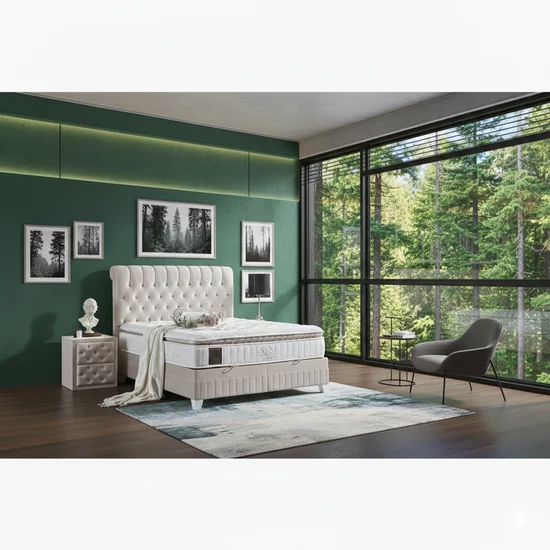 Pat cu saltea Gratis  Lexus, ladă depozitare, topper integrat, structură metal + lemn + PAL, tapițerie stofă premium, 140x200 cm, Bej picture - 2