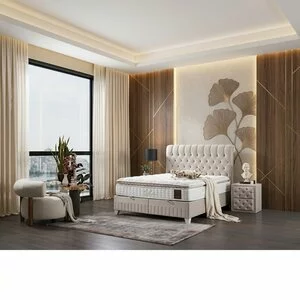 Pat cu saltea Gratis Lexus, bej - 140x200 cm, ladă depozitare, topper integrat, structură metal + lemn + PAL, tapițerie stofă premium