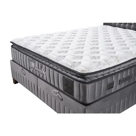 Pat cu saltea Gratis Wooly, ladă depozitare, design modern, topper inclus, structură metal + lemn + PAL, tapițerie stofă premium, 160x200 cm, Gri picture - 3
