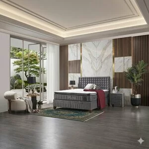 Pat + Saltea gratis Wooly, gri - 160x200 cm, ladă depozitare, design modern, topper inclus, structură metal + lemn + PAL, tapițerie stofă premium