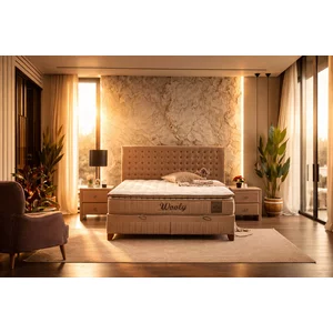 Pat cu saltea Gratis Wooly, gri - 160x200 cm, ladă depozitare, design modern, topper inclus, structură metal + lemn + PAL, tapițerie stofă premium