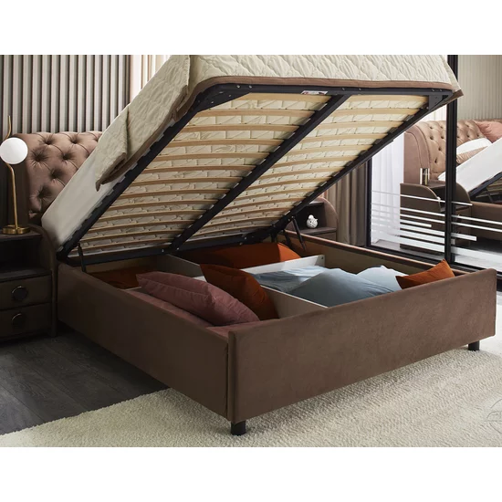 Pat Frankfurt, maro - 140x200 cm, cu spătar tapițat, stofă catifelata și ladă depozitare picture - 3