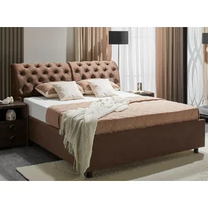 Pat Frankfurt cu spătar tapițat, stofă plușată și ladă depozitare, 140x200 cm, maro