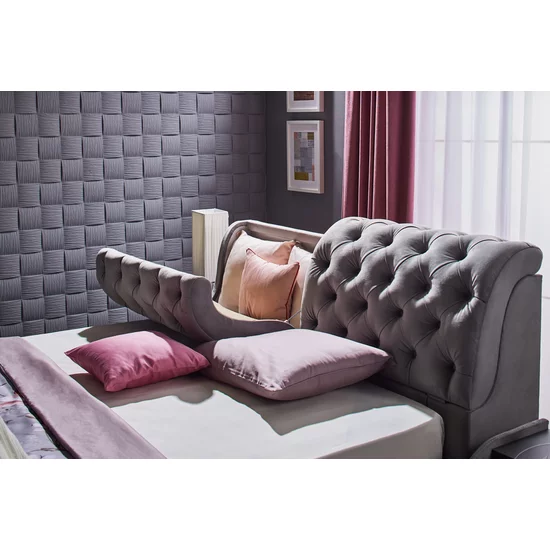 Pat Frankfurt cu spătar tapițat, stofă plușată și ladă depozitare, 180x200 cm, gri picture - 2