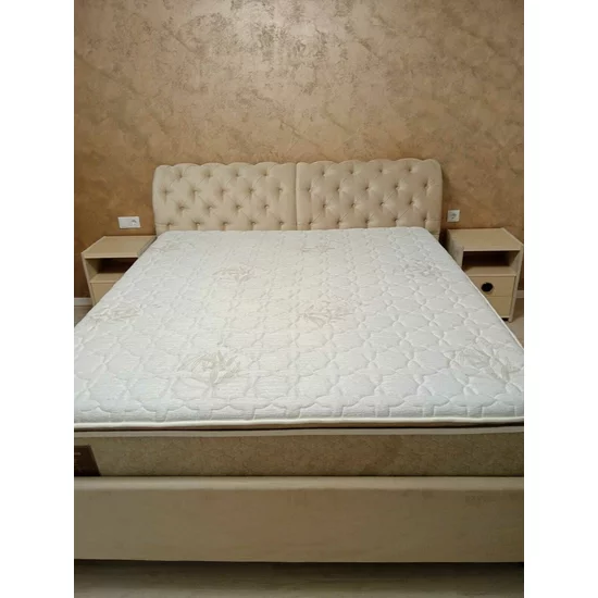 Pat Frankfurt cu spătar tapițat, stofă catifelata și ladă depozitare, 140x200 cm, bej picture - 4