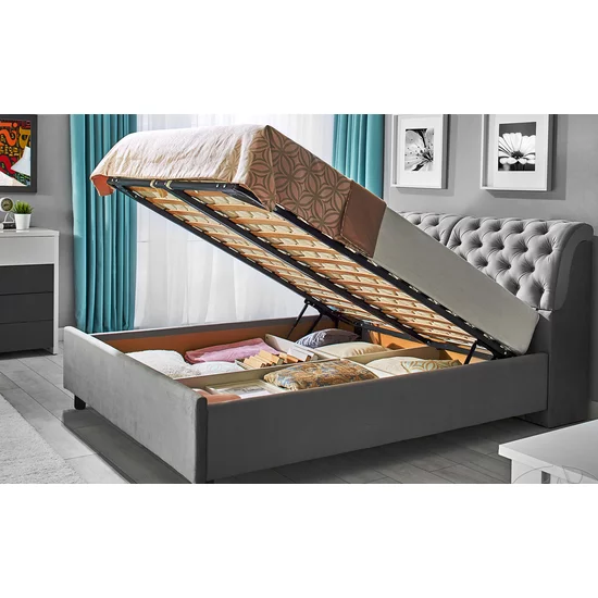 Pat Frankfurt, gri - 140x200 cm, cu spătar tapițat, stofă catifelata și ladă depozitare picture - 3