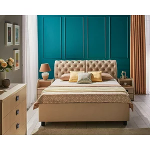 Pat Frankfurt cu spătar tapițat, stofă catifelata și ladă depozitare, 180x200 cm, bej