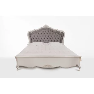 Pat Izabela, ladă depozitare, tăblie capitonată, structură lemn masiv + PAL, 180x200 cm, alb patinat