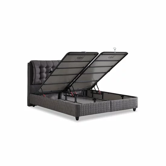 Pat tapițat Lateks 140x200 cm gri, cu ladă depozitare și somieră rabatabilă picture - 4