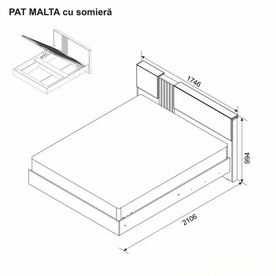Pat Malta cu somieră Cremona, PAL melaminat, dimensiune 160x200 cm, finisaj grafit picture - 2