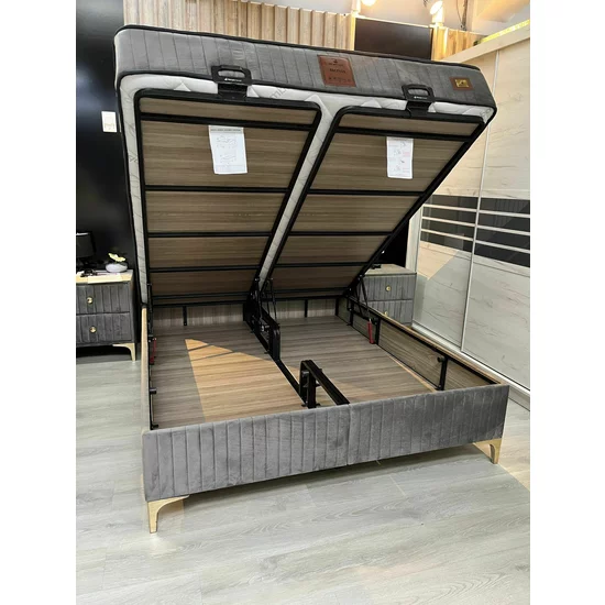 Pat Nova, Bej - 160x200 cm, ladă depozitare rabatabilă, amortizoare integrate, design elegant, stofă catifelată premium picture - 4