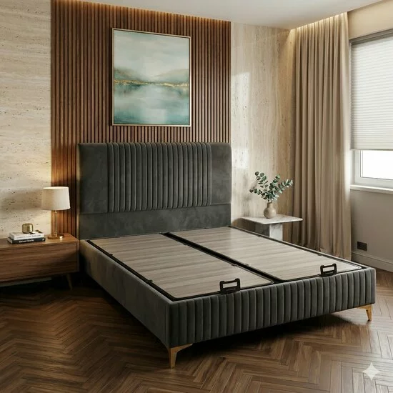 Pat Nova, Bej - 160x200 cm, ladă depozitare rabatabilă, amortizoare integrate, design elegant, stofă catifelată premium picture - 2