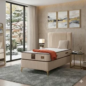 Pat Nova, crem - 90x200 cm, cu ladă depozitare, tapițat, design elegant