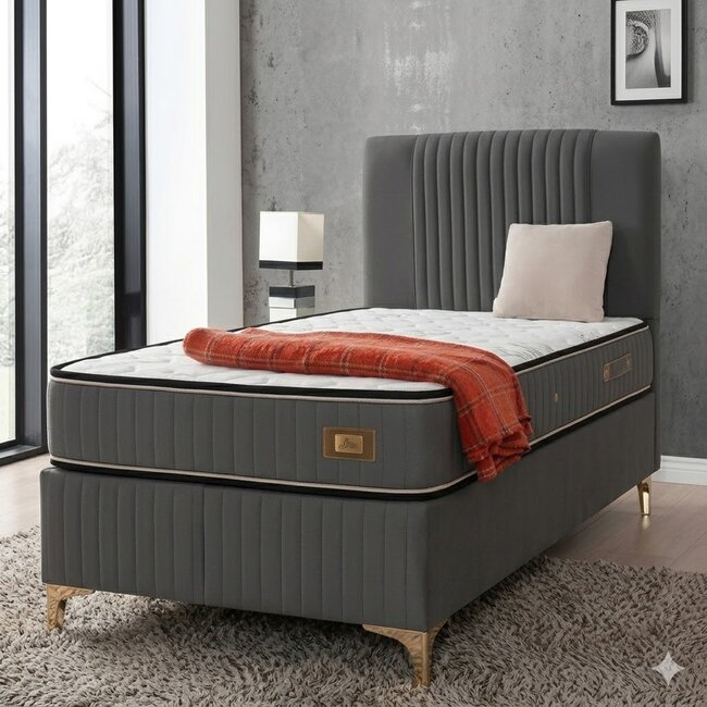 Pat Nova, gri - 90x200 cm, cu ladă depozitare, tapițat, design elegant