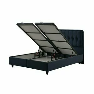 Pat Ortaca, dark blue - 180/200 cu somiera rabatabila, lada de depozitare si tesatura premium