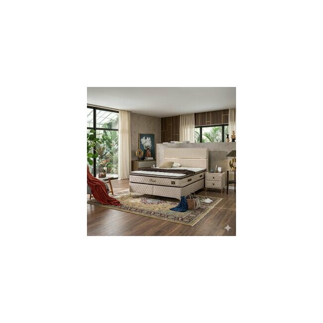 Pat Petek, crem - 180x200 cm, tăblie capitonată, spațiu depozitare integrat, tapițerie stofă premium