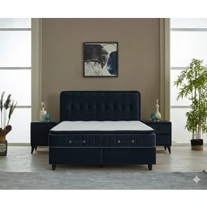 Pat + Saltea gratis Ortaca, dark blue - 160/200 cu somiera rabatabila, lada de depozitare si tesatura premium