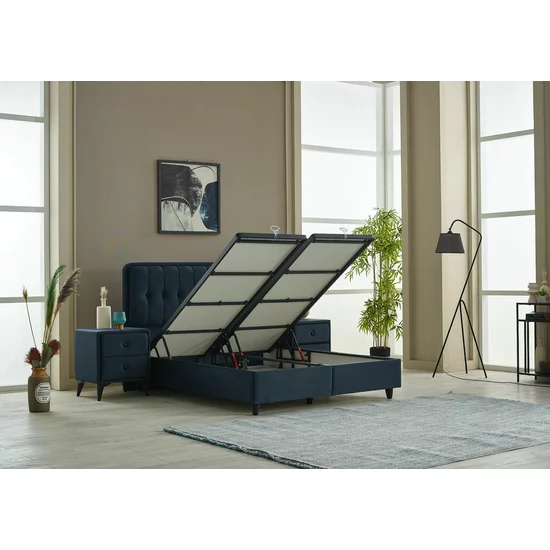 Pat + Saltea gratis Ortaca, dark blue - 160/200 cu somiera rabatabila, lada de depozitare si tesatura premium picture - 2