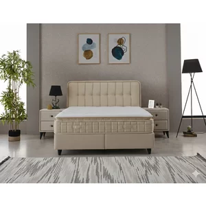 Pat + Saltea gratis Ortaca, crem MK2111 BEIGE- 160/200 cu somiera rabatabila, lada de depozitare si tesatura premium