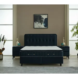 Pat + Saltea gratis Ortaca, dark blue - 140/200 cu somiera rabatabila, lada de depozitare si tesatura premium