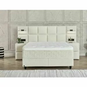 Pat + Saltea gratis Amora XL, crem - 180/200 cm, cu somiera rabatabila si lada de depozitare