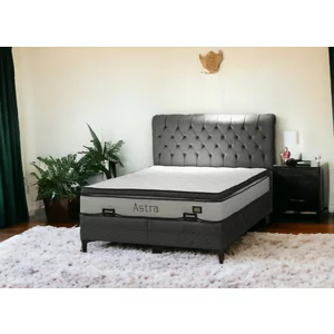 Pat + Saltea gratis Astra, gri - 140x200 cm, design modern, capitonare din catifea, ladă spațioasă de depozitare, structură solidă