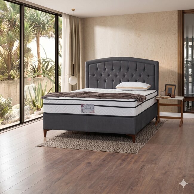 Pat + Saltea gratis Belek, gri inchis - 160x200 cm, design modern, capitonare elegantă, structură rezistentă, stofă premium