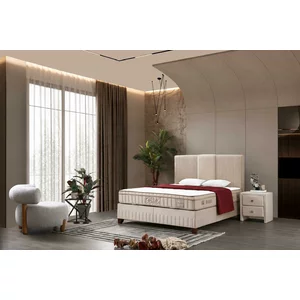 Pat + Saltea gratis Bella - 160x200, bej  ladă depozitare, tapițerie catifea premium, structură metal + PAL