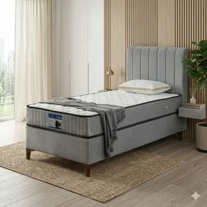 Pat + Saltea gratis Carla, gri - 100x200 cm, design minimalist, capitonare elegantă, structură rezistentă